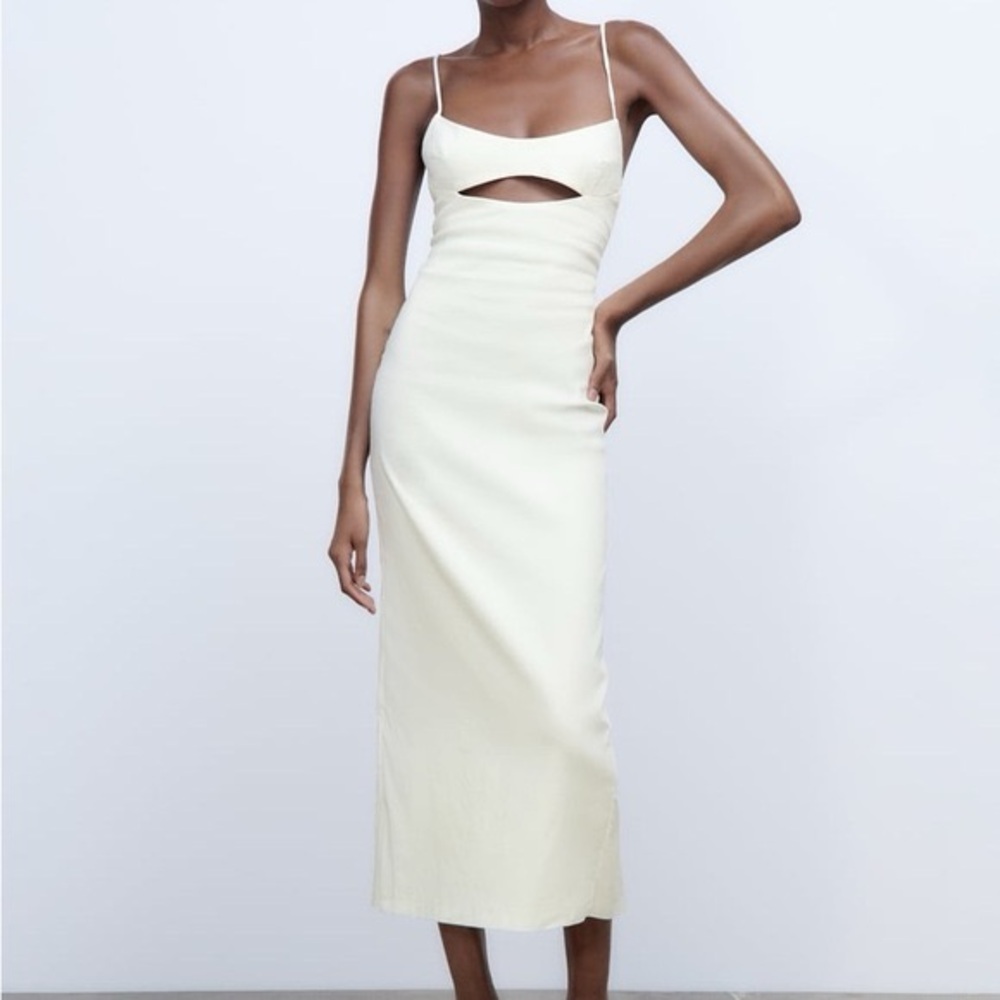 Zara Cream Linen Blend Cutout Midi Dress